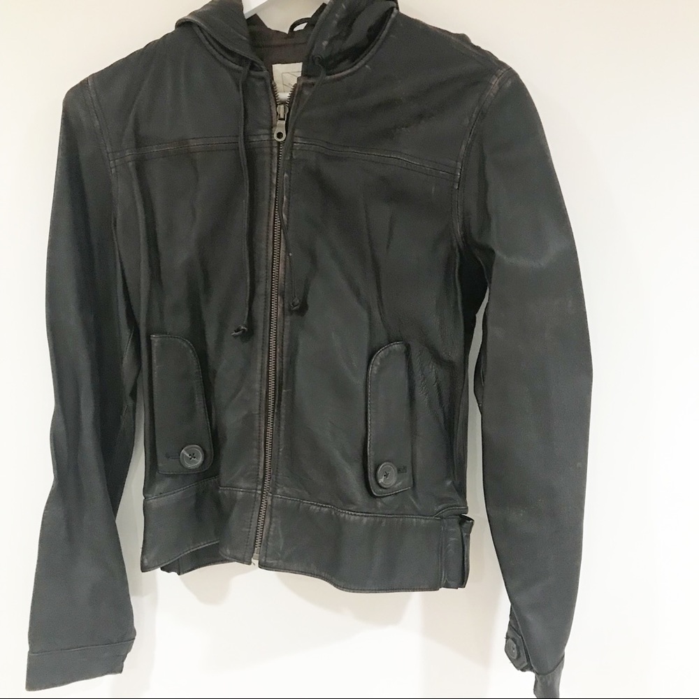 Old Navy Hooded Brown Leather Jacket